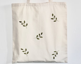 Embroidered Leaf Canvas Tote Bag | A4 Size