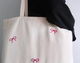 刺繍トートバッグ | 刺繍ピンクのリボンバッグ | リボン