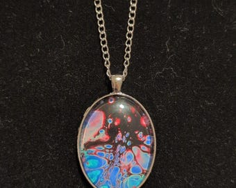 Cote' Design Studio Handmade Pendant Fluid Art Paint Skins Oval Long Colorful 1.5"