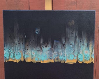 Handmade Abstract Black and Teal Canvas Art Painting 16×20