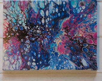 Abstract Acrylic Painting Blue Pink Gold  Stretched Canvas Art 8"×6" Handmade
