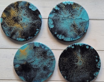 Handmade Acrylic Fluid Art Coasters Set Turquoise & Dark Blue with Gold Accents