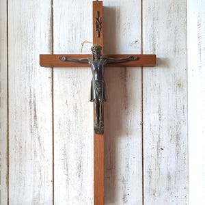 Vintage Wood Brass Crucifix Jesus INRI Wall Decor Made In Germany 14&quot;