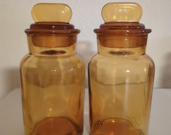Antique Amber With Bubbles Apothecary Jars w Lollipop Lids 6" Set Of Two