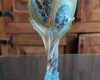 Martino Art Glass Iridescent Blue Gold Twist Stem Wine Goblet 8" 1994 Rare