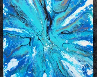 Handmade Acrylic Painting Bloom Blue and White On  Stretched Canvas 10"×10"