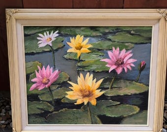 Vintage Betty Harkless Appenzeller WATERLILIES Oil Painting 1992 Canvas/Wood
