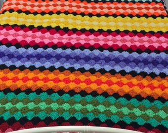 Vintage Handmade Crochet Afghan Throw Colorful Rainbow Diamond Weave 84" × 56"