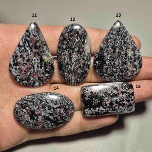 Może przedstawiać: Pięć wypolerowanych kamieni szlachetnych o różnych kształtach: łezki, owalu i prostokąta. Kamienie mają nakrapiany wzór w kolorze czarnym, białym i bordowym. Kamienie szlachetne są trzymane w dłoni, ukazując ich naturalne piękno i unikalne faktury.