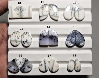 May include: A collection of polished dendritic opal cabochons, presented on a white tray. The opals display white, grey, and black patterns, reminiscent of landscapes or tree-like formations. Various shapes include rectangles, ovals, and teardrops.