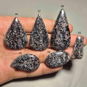 Może przedstawiać: Kolekcja wypolerowanych kamieni szlachetnych o różnych kształtach, w tym łezki i owale. Kamienie mają nakrapiany wzór czarnych, białych i czerwonobrązowych odcieni. Kamienie szlachetne są trzymane w dłoni.