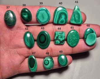 Pode incluir: Uma coleção de pedras preciosas de malaquite polidas em várias formas, incluindo ovais, em forma de gota e retangulares. As pedras exibem uma cor verde rica com padrões distintos em espiral. Cada pedra é numerada para identificação.