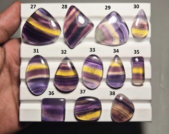 May include: A collection of polished fluorite gemstones in various shapes, including teardrop, oval, and square. The stones display bands of purple, yellow, and clear colors. The gemstones are arranged on a white display tray.