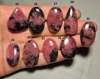 Puede incluir: Una colección de piedras preciosas de rodonita pulidas en varias formas, incluyendo ovaladas, de lágrima y triangulares. Las piedras muestran una mezcla de tonos rosa y negro, con un acabado brillante. Cada piedra está numerada.