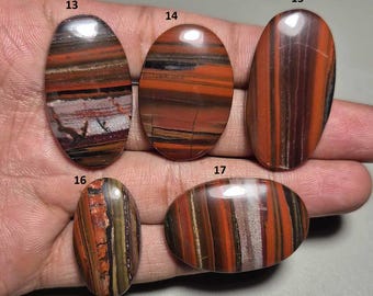 May include: Five polished, oval-shaped gemstones with a banded pattern of red, brown, and black hues. The stones vary in size and have a glossy finish. The gemstones are displayed on a hand.