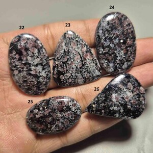 Może przedstawiać: Pięć wypolerowanych kamieni szlachetnych o różnych kształtach: owalnych, trójkątnych i nieregularnych. Kamienie mają nakrapiany wygląd z mieszanką ciemnoszarych, białych i czerwonofioletowych odcieni. Kamienie szlachetne są trzymane w dłoni.