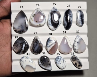 May include: A selection of polished dendritic agate gemstones in diverse shapes, such as teardrops and ovals. The stones exhibit a spectrum of colours, from white and grey to black and brown, with distinctive patterns. Each stone is numbered from 23 to 36.