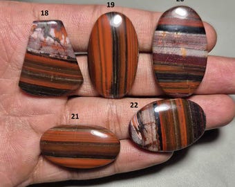 May include: Five polished gemstones in various shapes, including oval and trapezoid. The stones display a mix of colors, primarily reddish-brown, black, and white, with striped and marbled patterns. The gemstones are numbered 18, 19, 20, 21, and 22.