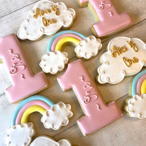 Rainbow 1st Birthday Cookies: Pastel Rainbow & Cloud Party Favors