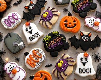 Halloween Decorated Cookies | Spooky Ghost, Pumpkin, Bat & Spider Biscuits | Royal Iced Party Favours | Trick or Treat Dessert Treats