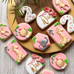 Galletas de cumpleaños de safari, dos recuerdos de fiesta salvajes, galletas de animales rosas
