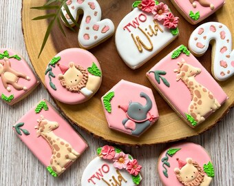 roze safarikoekjes, jungledieren suikerkoekjes, verjaardagsfeestje gunsten, schattige olifant giraf leeuw zebrakoekjes | Douchesnoepjes voor baby's