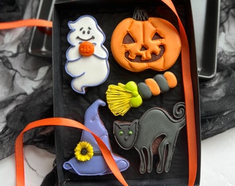 May include: A black gift box containing five Halloween-themed sugar cookies: a white ghost holding a small pumpkin, an orange jack-o'-lantern, a yellow and orange broomstick, a purple witch hat with a yellow flower, and a black cat.