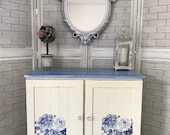 Beautiful white blue hand painted sideboard Tv Stand cupboard with flower detailing (delivery not free ask for quote)