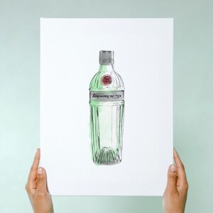 May include: A watercolor illustration of a green glass bottle of Tanqueray No. Ten gin.