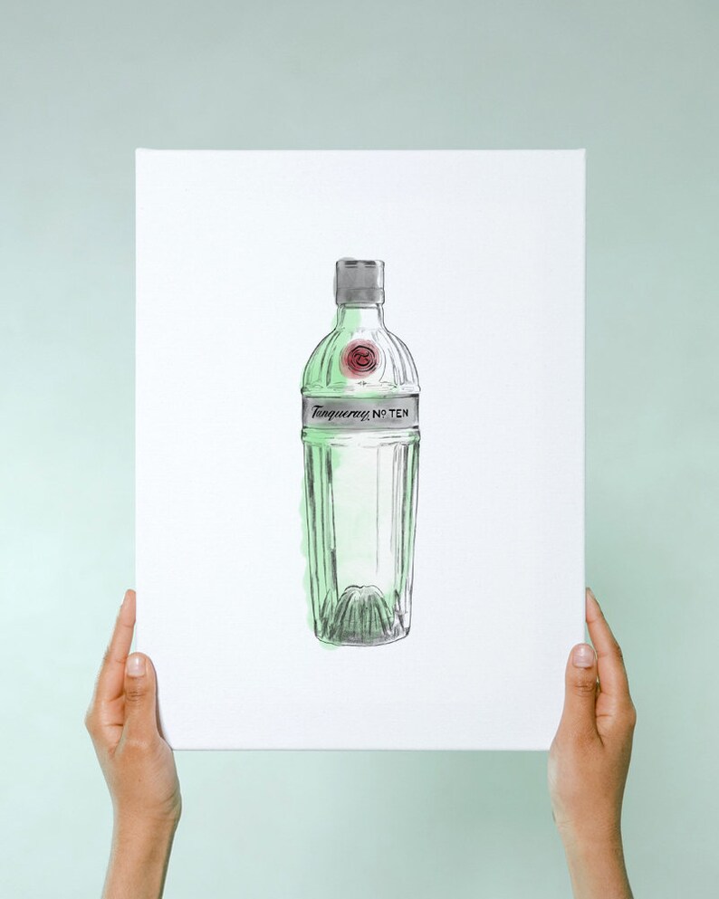 May include: A watercolor illustration of a green glass bottle of Tanqueray No. Ten gin.