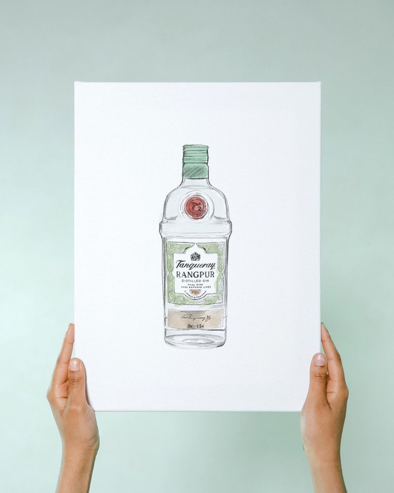 May include: A hand-drawn illustration of a clear glass bottle of Tanqueray Rangpur gin. The bottle has a green label with the text "Tanqueray Rangpur Distilled Gin With Rangpur Limes" and a red seal.
