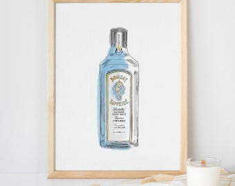 Bombay Sapphire Gin Illustrated Print, Gin Wall Art Illustration, Gin Wall Art, Bombay Sapphire Gin Art, Gin Wall Decor