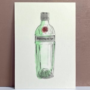 May include: A hand-drawn illustration of a clear glass bottle of Tanqueray No. Ten gin. The bottle is green and has a textured surface. The label is black with white text.