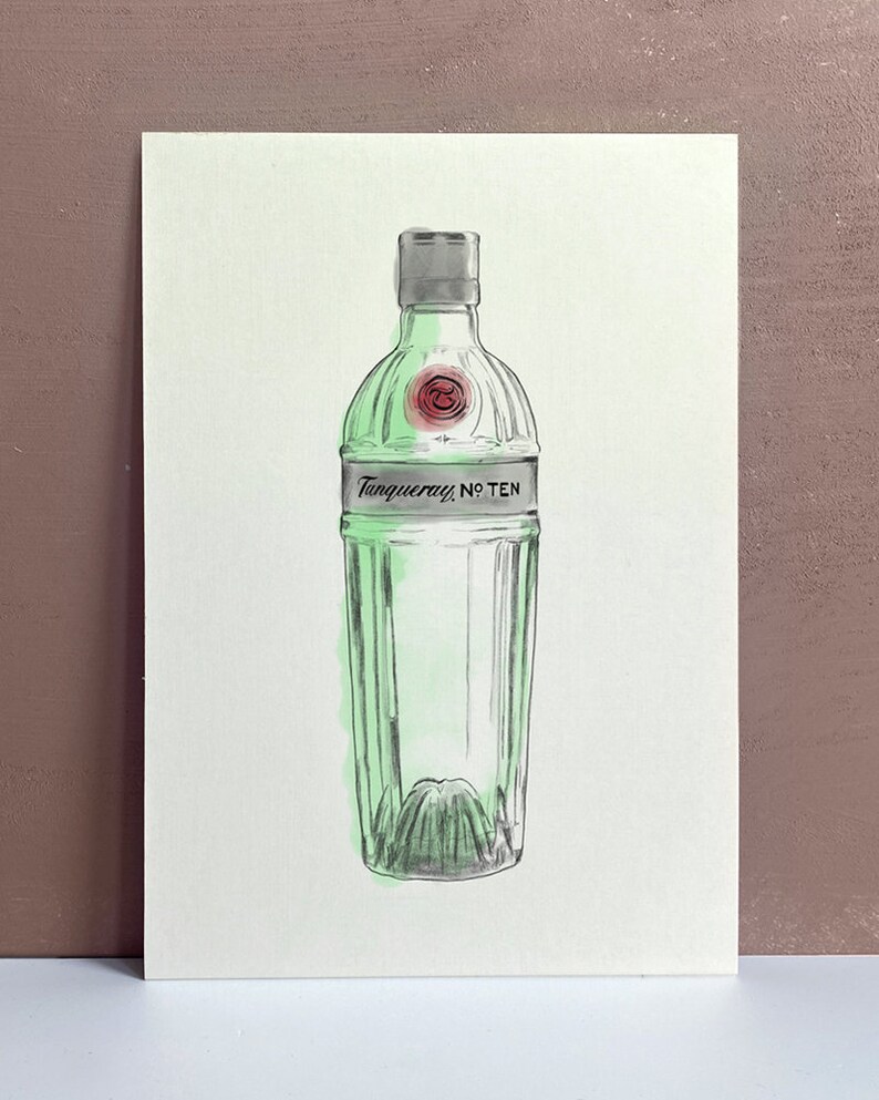 May include: A hand-drawn illustration of a clear glass bottle of Tanqueray No. Ten gin. The bottle is green and has a textured surface. The label is black with white text.