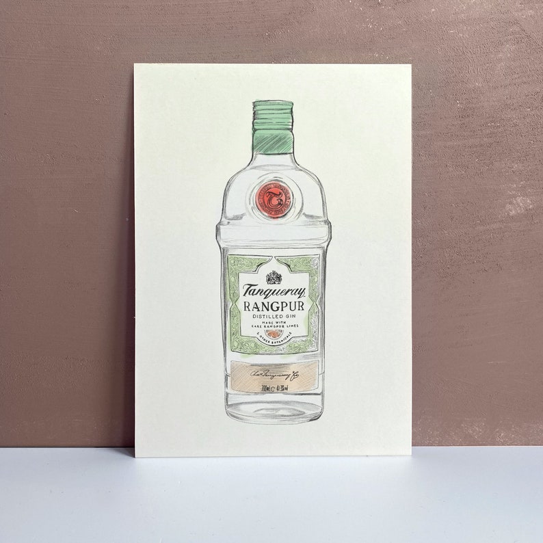 May include: A hand-drawn illustration of a clear glass bottle of Tanqueray Rangpur distilled gin. The bottle has a green label with the brand name and a red seal. The label also states that the gin is made with lime.