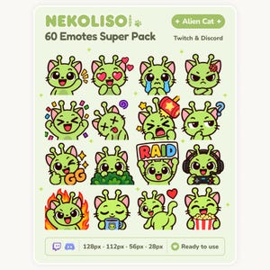 Può includere: Una collezione digitale di 60 emote di gatto alieno verde per Twitch e Discord, intitolata NEKOLISO SHOP 60 Emotes Super Pack. La grafica presenta varie espressioni tra cui felice, piangente, arrabbiato, che gioca e mangia popcorn, con dimensioni 128px, 112px, 56px, 28px.