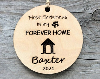 First Christmas in my Forever Home Ornament, Personalized Wood Rescue Dog Gift, Dog Adoption Ornament, Engraved Dog Lover Holiday Gift