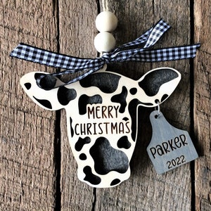 Cow Tag Christmas Ornament, Personalized Cow with Ear Tag, Farmhouse Cow Decor