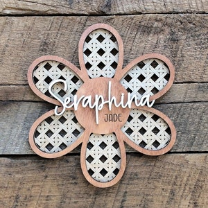 Daisy Name Sign, Personalized Birth Announcement, Boho Nursery Decor, Floral Rattan Baby Girl Sign