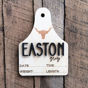 Longhorn Cow Tag Birth Stats Sign, Cow Baby Name Announcement, Newborn Photo Prop, Personalized Baby Name and Stats Gift