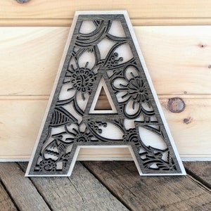 Floral Monogram Letter Sign, Custom Laser Cut Wooden Letters
