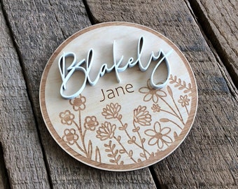 Baby Girl Name Sign, Wildflower Birth Announcement, Newborn Photo Prop Wood Disc, Personalized Baby Sign