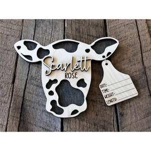 Cow Tag Birth Stats Name Sign, Baby Name Announcement, Newborn Photo Prop, Cow Nursery Decor