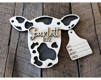 Cow Tag Birth Stats Name Sign, Baby Name Announcement, Newborn Photo Prop, Cow Nursery Decor