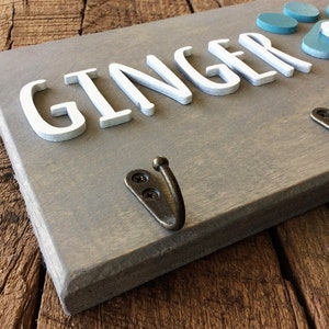 K&ouml;nnte beinhalten: Ein graues Holzschild mit dem Namen "Ginger" in wei&szlig;en Buchstaben. Das Schild hat zwei Haken und einen blauen Pfotenabdruck mit einem wei&szlig;en Herzen.