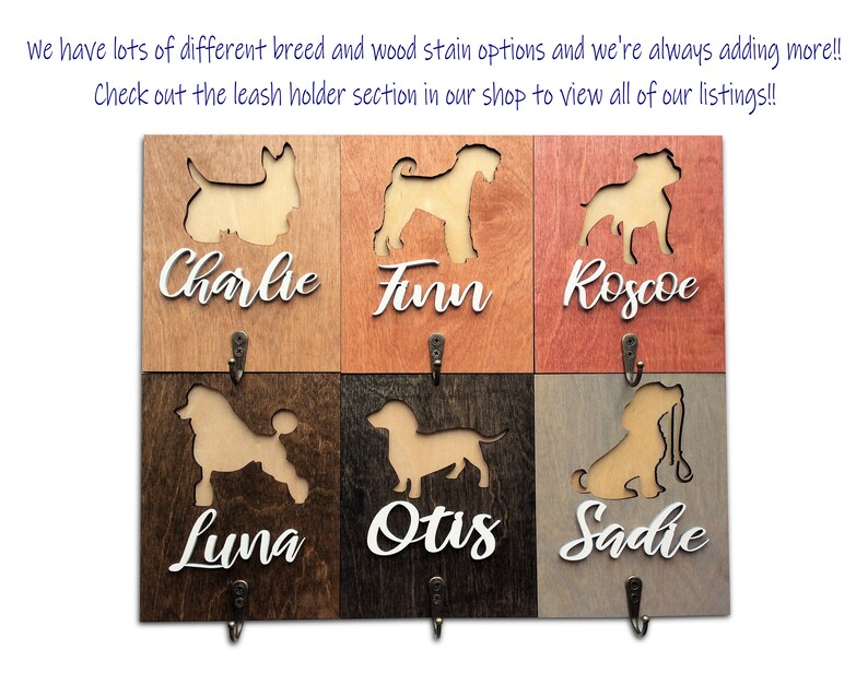 May include: Wooden dog leash holder with six hooks. Each hook has a cutout of a different dog breed and a personalized name below: Charlie, Finn, Roscoe, Luna, Otis, and Sadie.