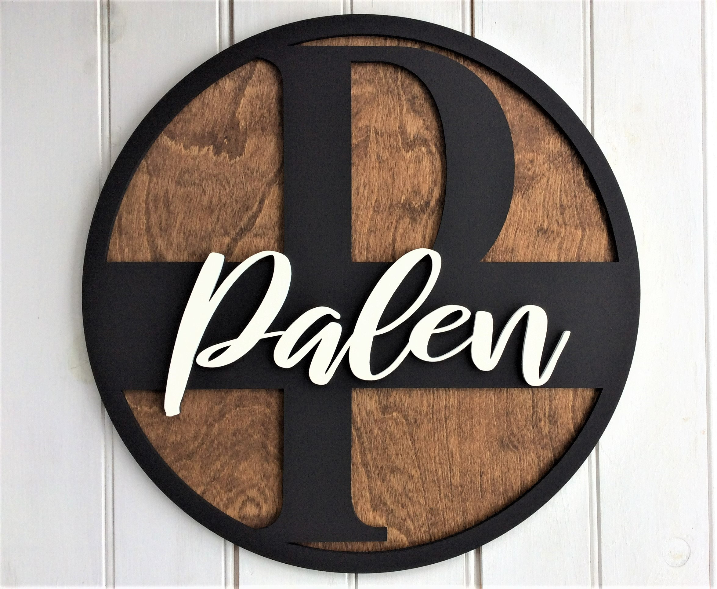 Monogram Door Hanger Name Sign Personalized Round Wooden Etsy