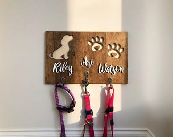 Personalized Dog Leash Holder, Wood Entryway Organizer, Pet Gear Hanger