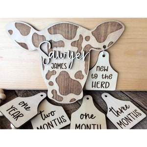 Cow Tag Baby Milestones, Birth Announcement Sign, Engraved Wood Monthly Milestone Photo Prop, Cow Baby Name Sign