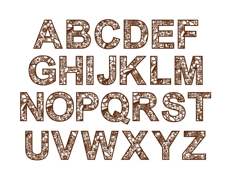 May include: A decorative alphabet with each letter filled with a brown floral pattern.